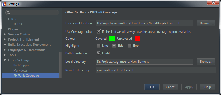PHPStorm PHPUnit code coverage plugin settings